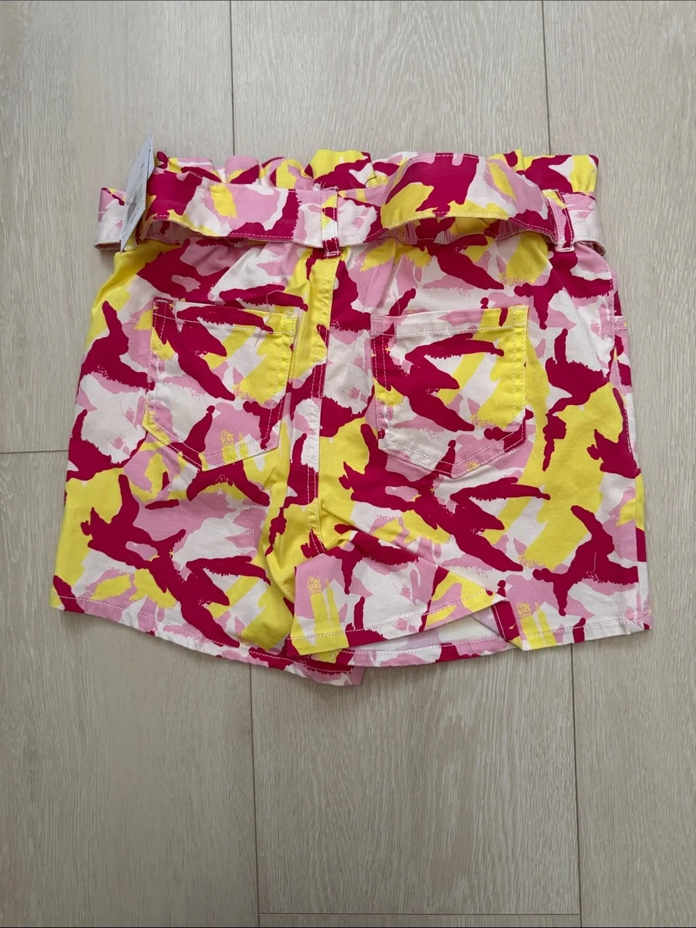 Sanctuary High-Waist Paperbag Shorts in Pink, Yellow & White Floral Camouflage